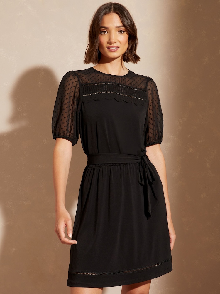 Love & Roses Black Jersey Dobby Mix Puff Sleeve Mini Dress - Image 1 of 4 Love & Roses Black Jersey Dobby Mix Puff Sleeve Mini Dress - Image 1 of 4