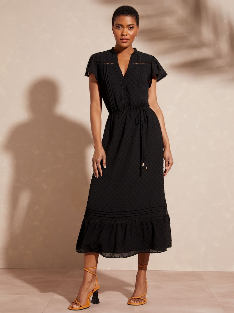 Love & Roses Black Lace Ruffle Frill V Neck Belted Short Sleeve Midi Dress - Image 1 of 4