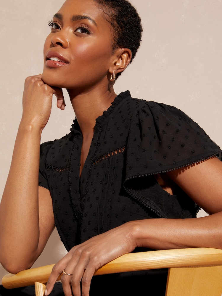 Love & Roses Black Lace Ruffle Frill V Neck Belted Short Sleeve Midi Dress - Image 2 of 4