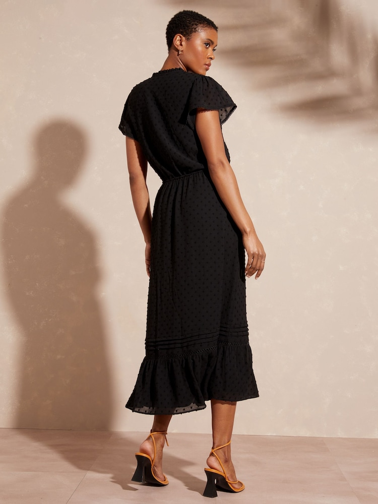 Love & Roses Black Lace Ruffle Frill V Neck Belted Short Sleeve Midi Dress - Image 3 of 4