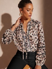 Love & Roses Pink Animal Ruffle Neck Lace Trim Long Sleeve Button Through Blouse - Image 1 of 4