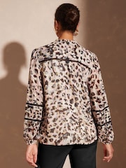 Love & Roses Pink Animal Ruffle Neck Lace Trim Long Sleeve Button Through Blouse - Image 3 of 4