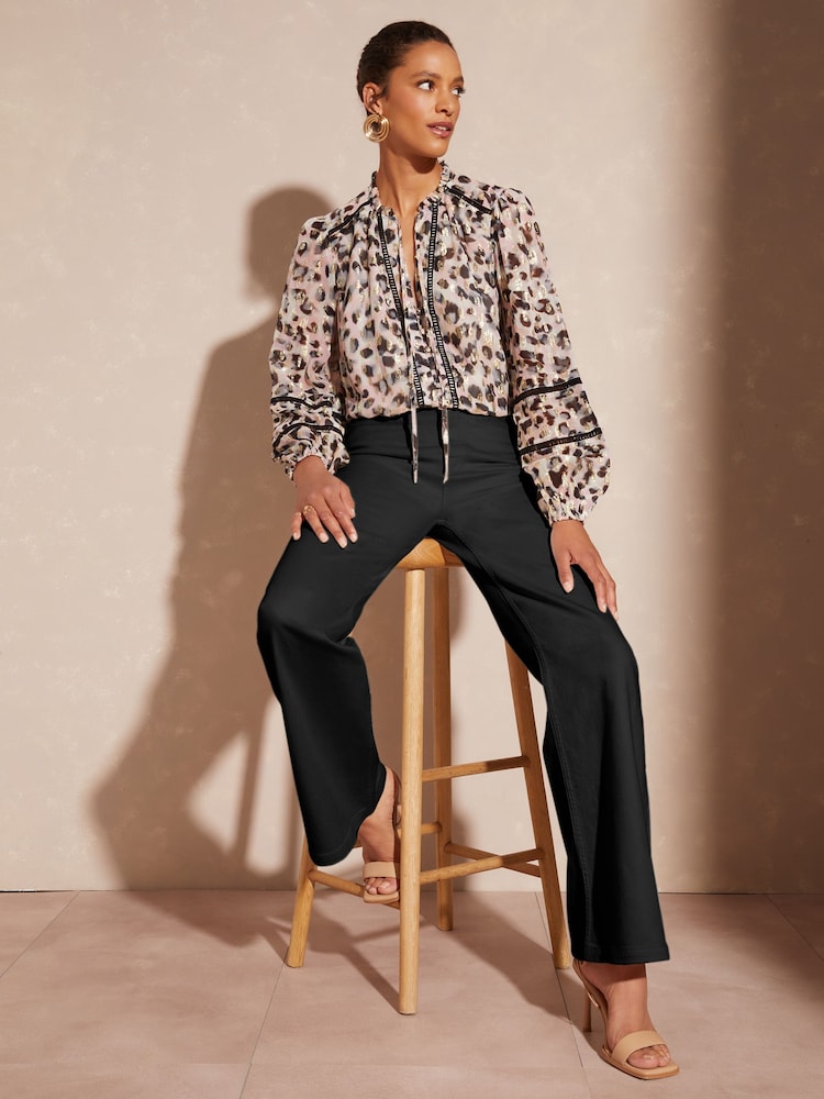 Love & Roses Pink Animal Ruffle Neck Lace Trim Long Sleeve Button Through Blouse - Image 4 of 4 Love & Roses Pink Animal Ruffle Neck Lace Trim Long Sleeve Button Through Blouse - Image 4 of 4