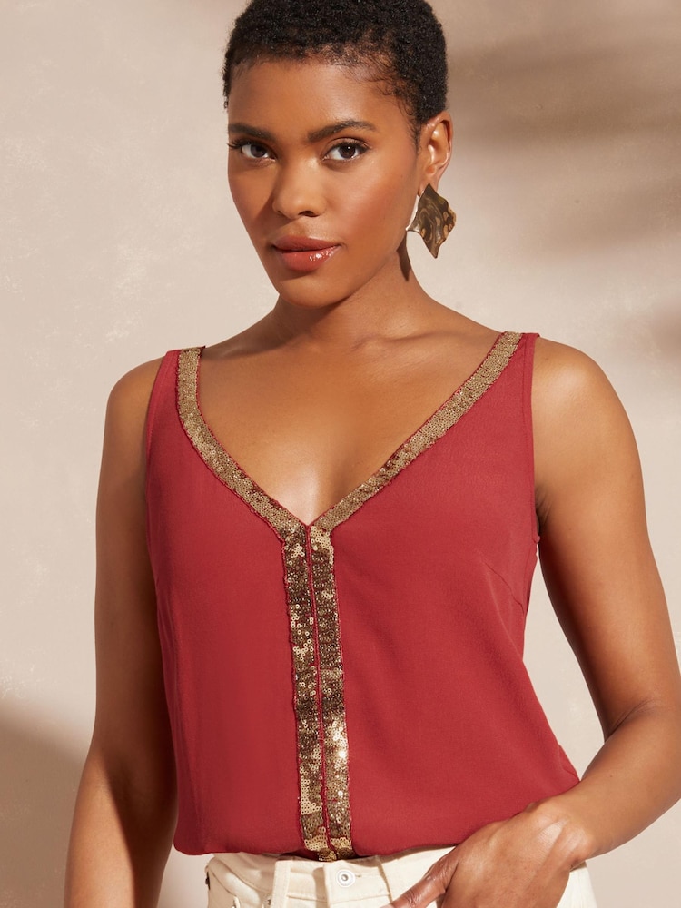 Love & Roses Rust Red Sequin V Neck V Back Woven Vest - Image 1 of 3