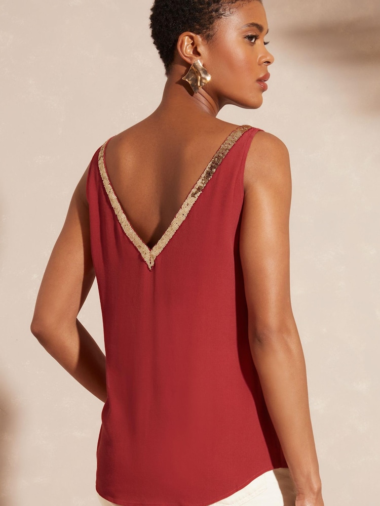 Love & Roses Rust Red Sequin V Neck V Back Woven Vest - Image 2 of 3