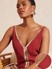 Love & Roses Rust Red Sequin V Neck V Back Woven Vest - Image 3 of 3