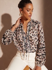 Love & Roses Pink Animal Petite Ruffle Neck Lace Trim Long Sleeve Button Through Blouse - Image 1 of 4