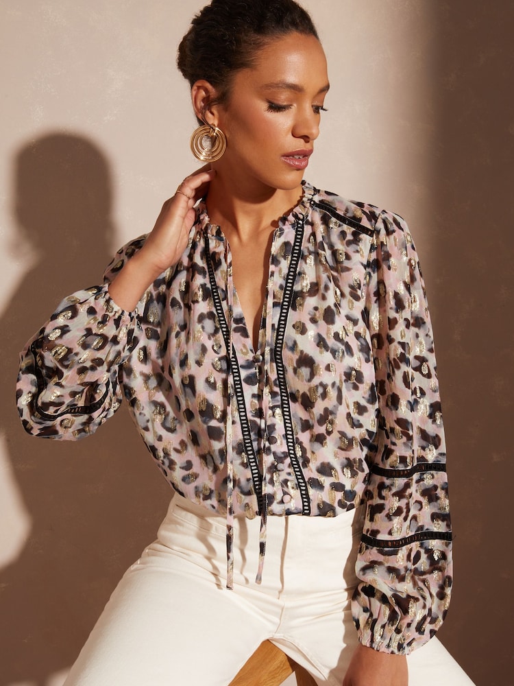 Love & Roses Pink Animal Petite Ruffle Neck Lace Trim Long Sleeve Button Through Blouse - Image 1 of 4