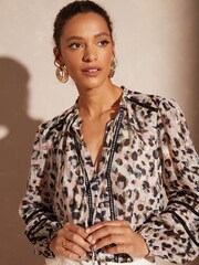 Love & Roses Pink Animal Petite Ruffle Neck Lace Trim Long Sleeve Button Through Blouse - Image 2 of 4