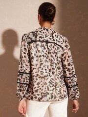 Love & Roses Pink Animal Petite Ruffle Neck Lace Trim Long Sleeve Button Through Blouse - Image 3 of 4