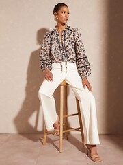 Love & Roses Pink Animal Petite Ruffle Neck Lace Trim Long Sleeve Button Through Blouse - Image 4 of 4