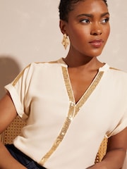 Love & Roses Ivory Sequin V Neck Roll Sleeve Blouse - Image 2 of 4