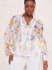 Lipsy White Floral Print Curve Gold Foil Trim Front Button Up Blouse Shirt - Image 1 of 4