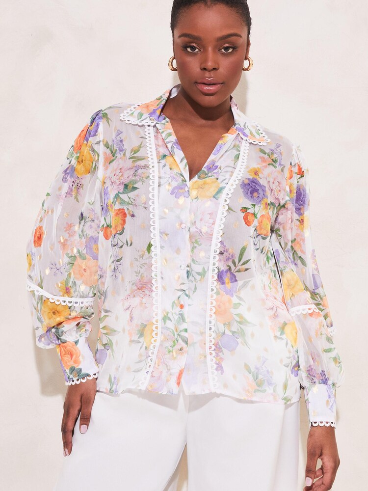Lipsy White Floral Print Curve Gold Foil Trim Front Button Up Blouse Shirt - Image 1 of 4 Lipsy White Floral Print Curve Gold Foil Trim Front Button Up Blouse Shirt - Image 1 of 4