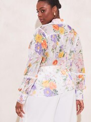 Lipsy White Floral Print Curve Gold Foil Trim Front Button Up Blouse Shirt - Image 2 of 4
