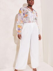Lipsy White Floral Print Curve Gold Foil Trim Front Button Up Blouse Shirt - Image 3 of 4
