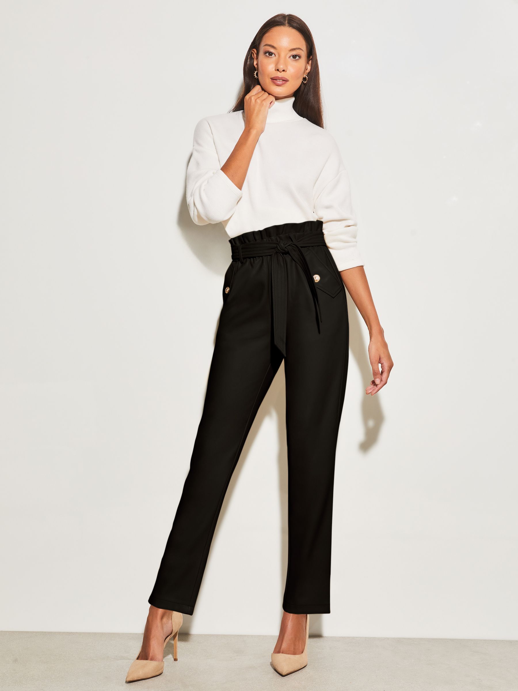 Buy Lipsy Black Faux Leather Military Button Paperbag Trousers from Next Luxembourg