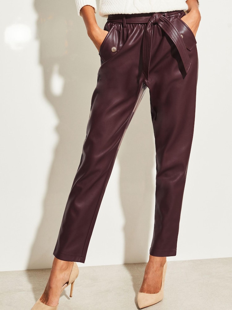 Lipsy Berry Red Faux Leather Military Button Paperbag Trousers - Image 1 of 4