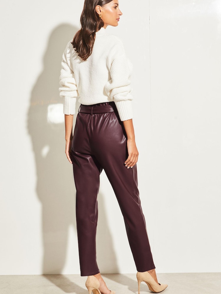 Lipsy Berry Red Faux Leather Military Button Paperbag Trousers - Image 2 of 4