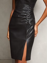 Lipsy Black Faux Leather Button Detail Midi Dress - Image 3 of 4