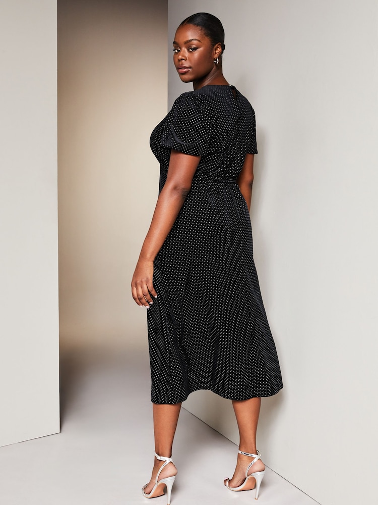 Lipsy Black Velvet Curve Jersey Puff Short Sleeve Underbust Summer Midi Dress - Image 2 of 4 Lipsy Black Velvet Curve Jersey Puff Short Sleeve Underbust Summer Midi Dress - Image 2 of 4