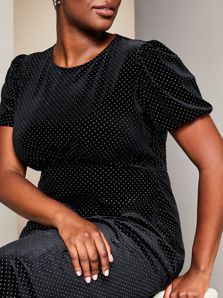 Lipsy Black Velvet Curve Jersey Puff Short Sleeve Underbust Summer Midi Dress - Image 4 of 4 Lipsy Black Velvet Curve Jersey Puff Short Sleeve Underbust Summer Midi Dress - Image 4 of 4