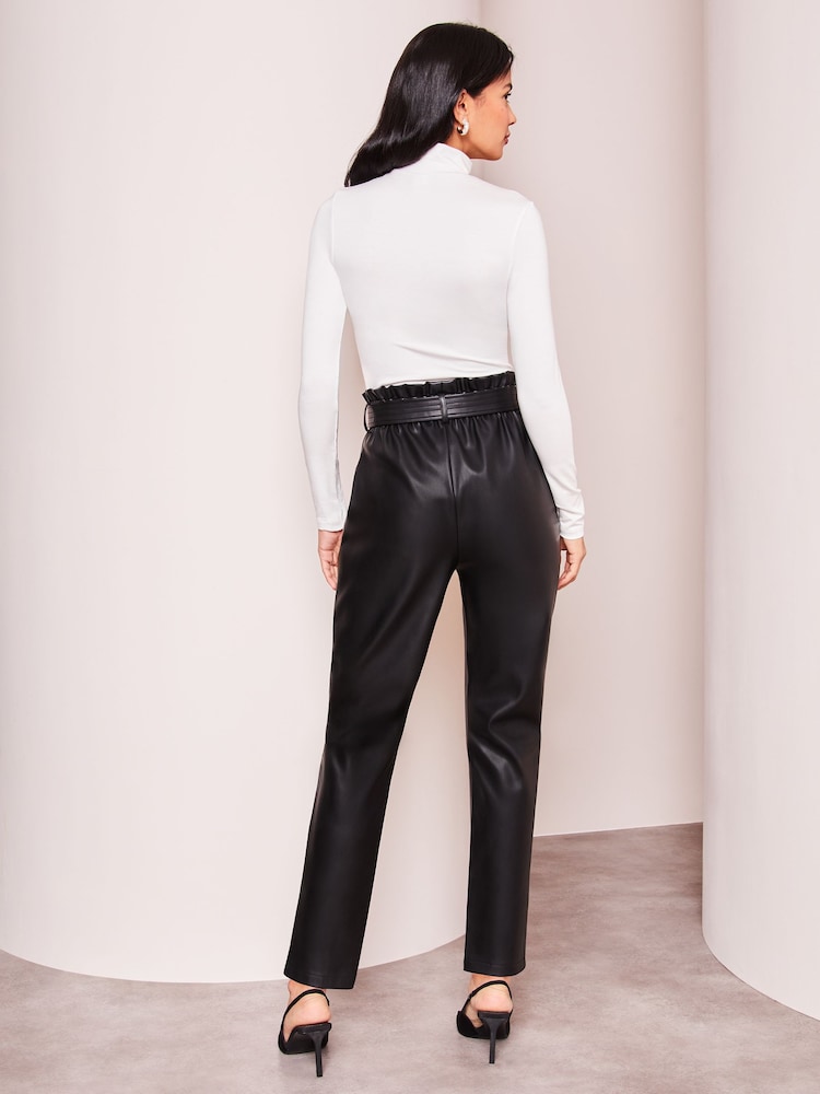 Lipsy Black Petite Faux Leather Military Button Paperbag Trousers - Image 2 of 4 Lipsy Black Petite Faux Leather Military Button Paperbag Trousers - Image 2 of 4