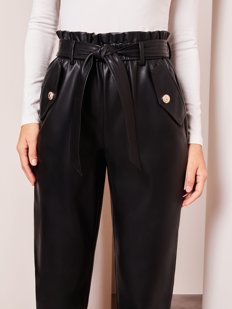 Lipsy Black Petite Faux Leather Military Button Paperbag Trousers - Image 4 of 4 Lipsy Black Petite Faux Leather Military Button Paperbag Trousers - Image 4 of 4