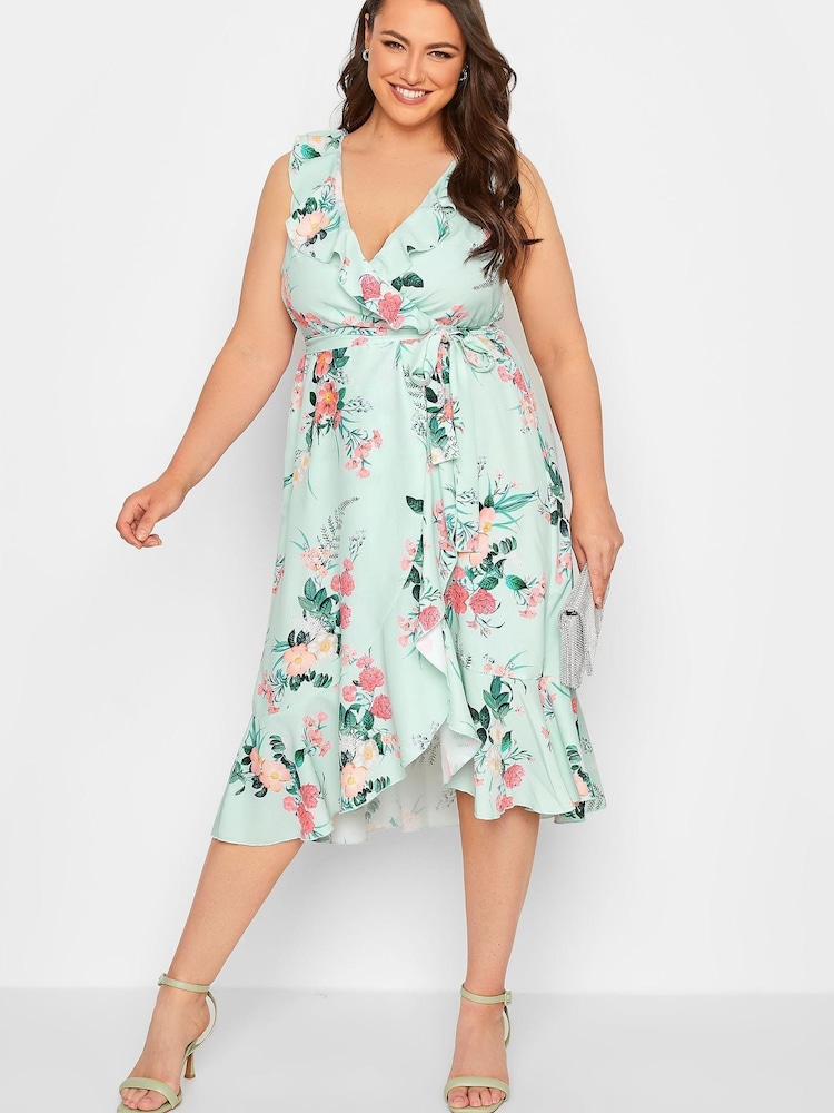 Yours Curve Green London Floral Sleeveless Double Ruffle Wrap Dress - Image 2 of 4 Yours Curve Green London Floral Sleeveless Double Ruffle Wrap Dress - Image 2 of 4
