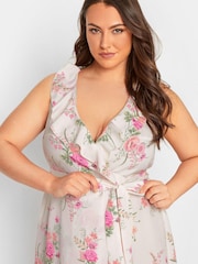 Yours Curve White London Floral Sleeveless Double Ruffle Wrap Dress - Image 4 of 4