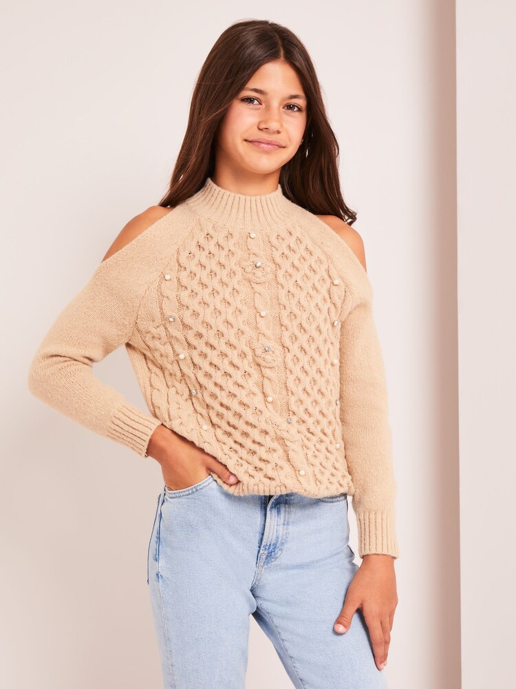 Lipsy Brown Cold Shoulder Knitted Jumper - Image 1 of 4 Lipsy Brown Cold Shoulder Knitted Jumper - Image 1 of 4