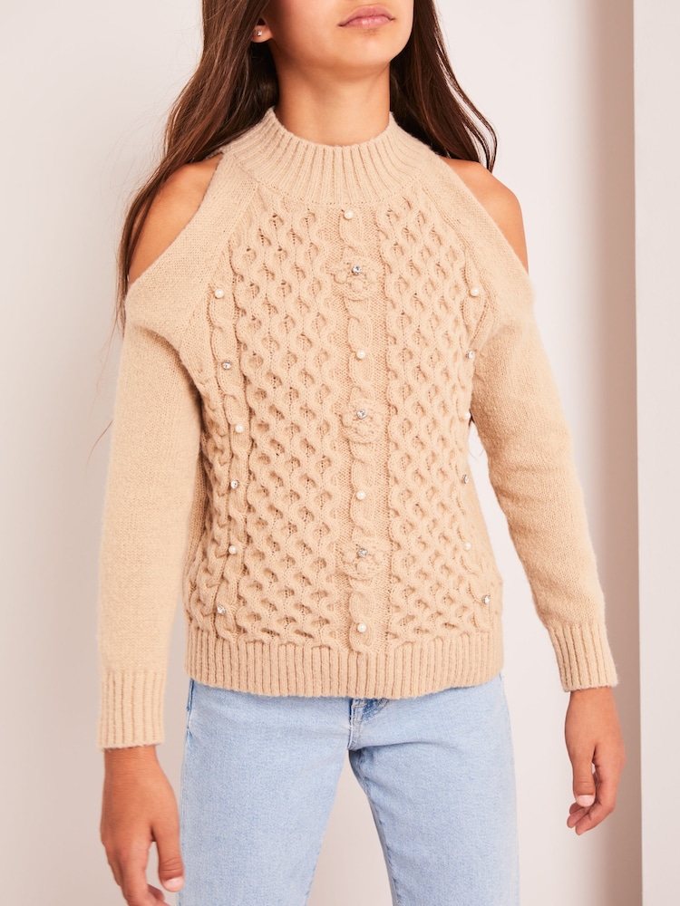 Lipsy Brown Cold Shoulder Knitted Jumper - Image 2 of 4 Lipsy Brown Cold Shoulder Knitted Jumper - Image 2 of 4