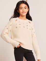 Lipsy Cream Embellished Cut Out Knitted Jumper - Image 1 of 4