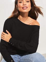 Lipsy Black Ribbed Off The Shoulder Knitted Jumper - Image 2 of 4