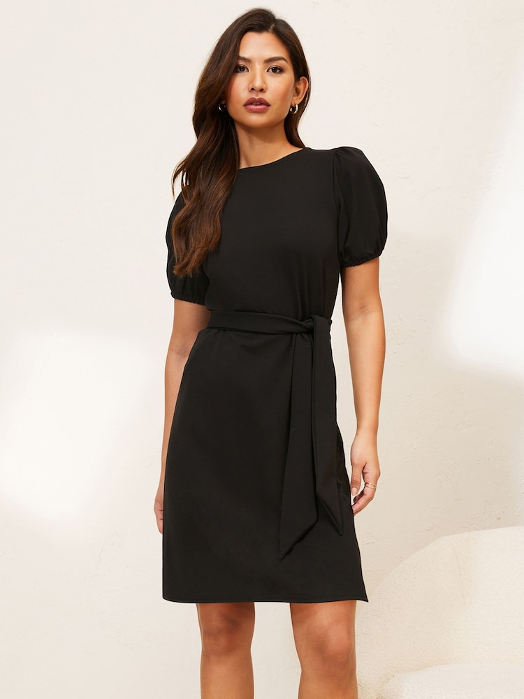 Lipsy Black Puff Sleeve Belted Shift Dress - Image 1 of 4