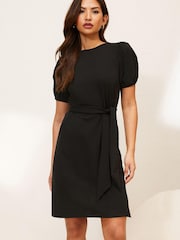 Lipsy Black Petite Puff Sleeve Belted Shift Dress - Image 1 of 1