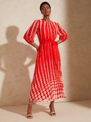 Love & Roses Red Spot 3/4 Sleeve Printed Pleated Belted Midi Dress - Image 1 of 4