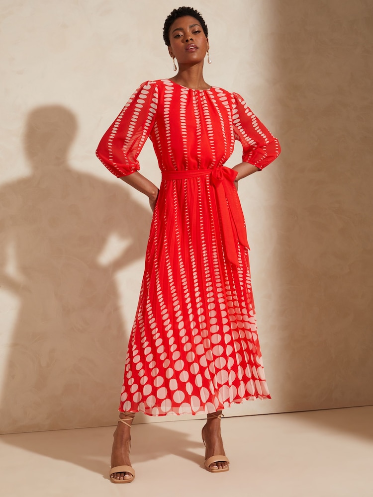 Love & Roses Red Spot 3/4 Sleeve Printed Pleated Belted Midi Dress - Image 1 of 4