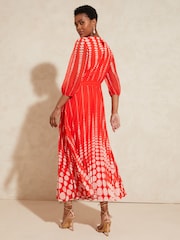 Love & Roses Red Spot 3/4 Sleeve Printed Pleated Belted Midi Dress - Image 3 of 4