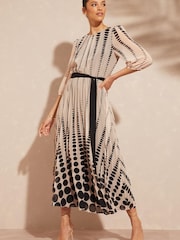 Love & Roses Black Spot 3/4 Sleeve Printed Pleated Belted Midi Dress - Image 1 of 4
