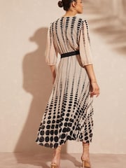 Love & Roses Black Spot 3/4 Sleeve Printed Pleated Belted Midi Dress - Image 3 of 4