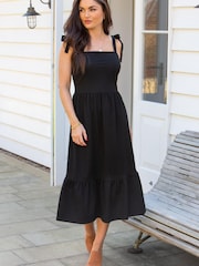 Pour Moi Black Laura Jersey Tie Strap Tiered Midi Dress - Image 1 of 5