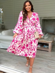 In The Style Pink Floral Jac Jossa Floral Print Long Sleeve Pleated Midi Dress - Image 1 of 4