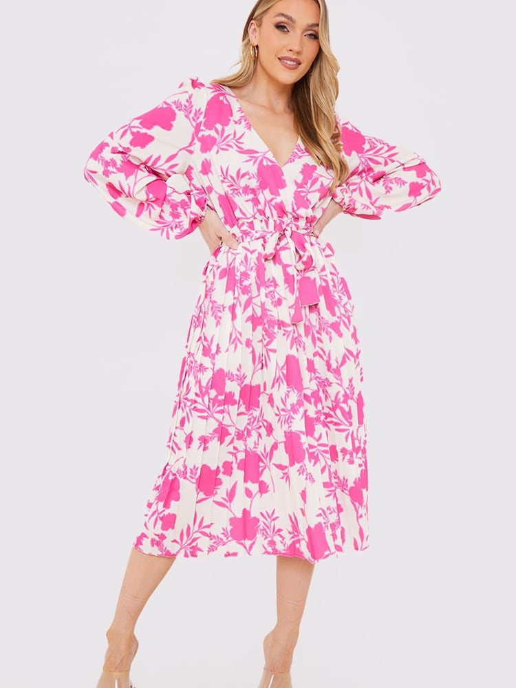 In The Style Pink Floral Jac Jossa Floral Print Long Sleeve Pleated Midi Dress - Image 2 of 4 In The Style Pink Floral Jac Jossa Floral Print Long Sleeve Pleated Midi Dress - Image 2 of 4