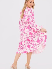 In The Style Pink Floral Jac Jossa Floral Print Long Sleeve Pleated Midi Dress - Image 3 of 4