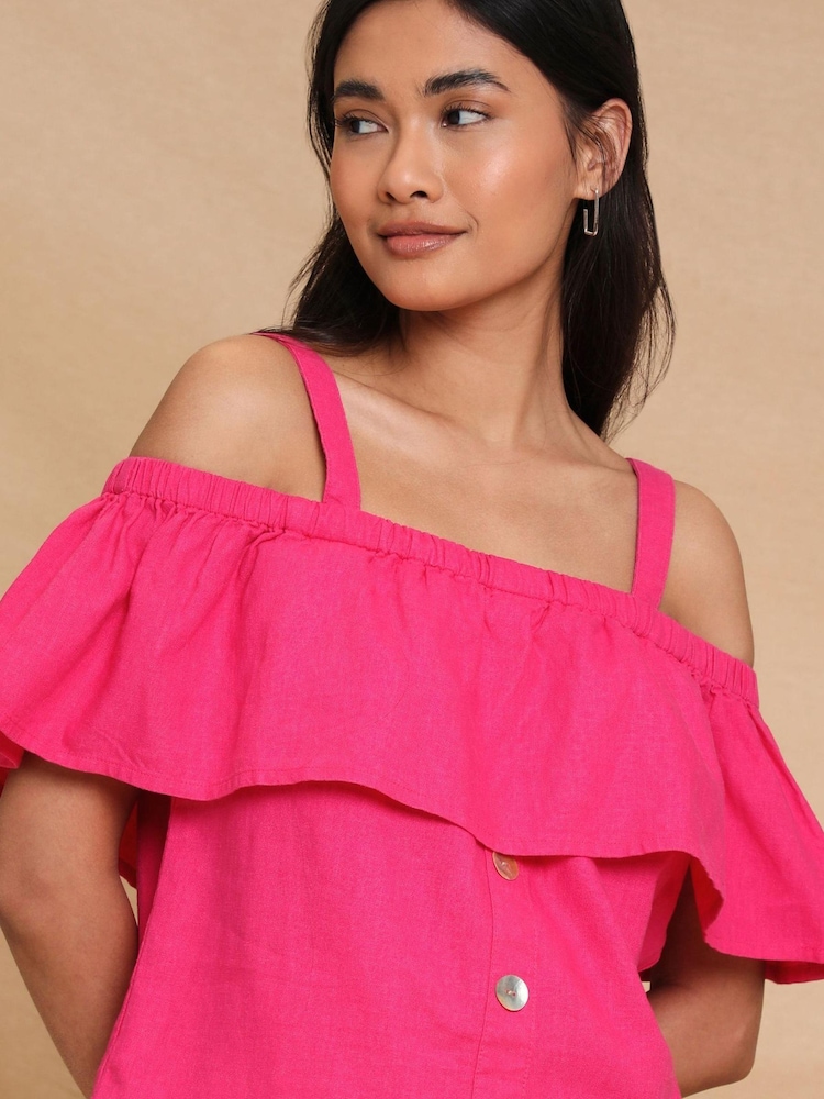 Threadbare Pink Linen Blend Strap Bardot Top - Image 4 of 4
