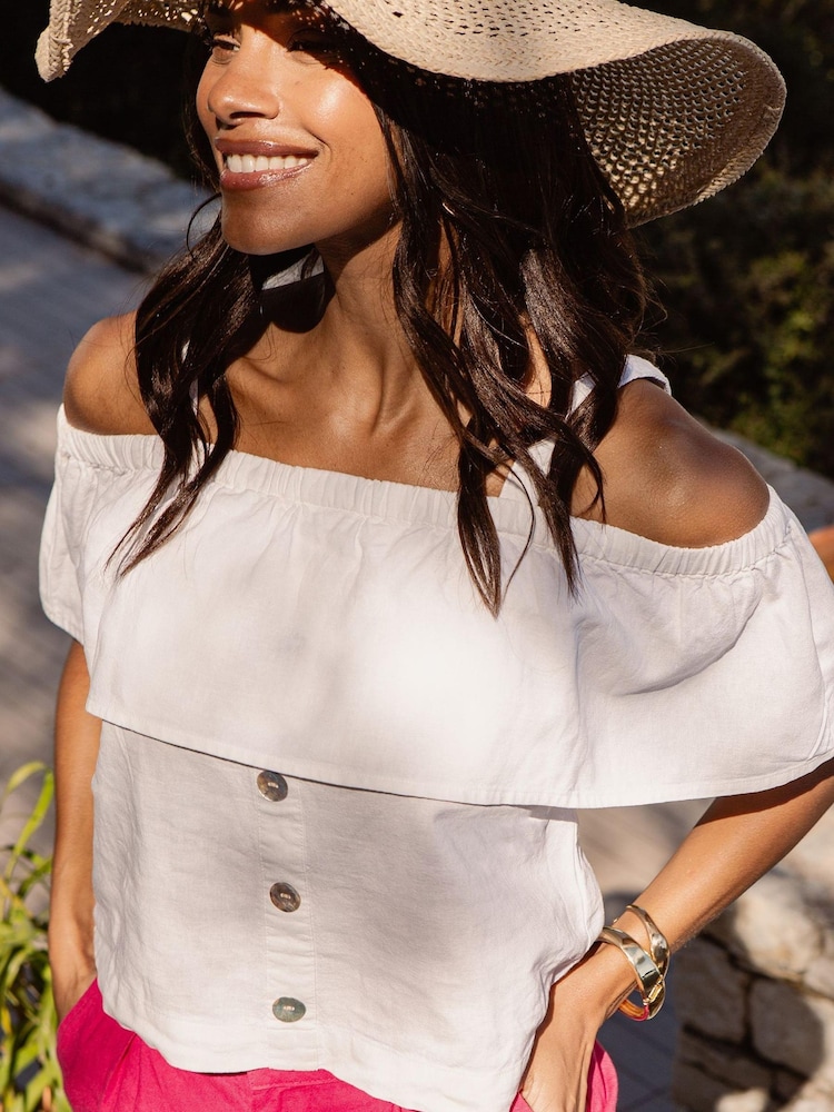 Threadbare White Linen Blend Strap Bardot Top - Image 1 of 4
