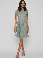 VILA Sage Green Short Sleeve Lace Pleated Occasion Dress - Image 1 of 5