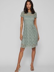 VILA Sage Green Short Sleeve Lace Pleated Occasion Dress - Image 2 of 5