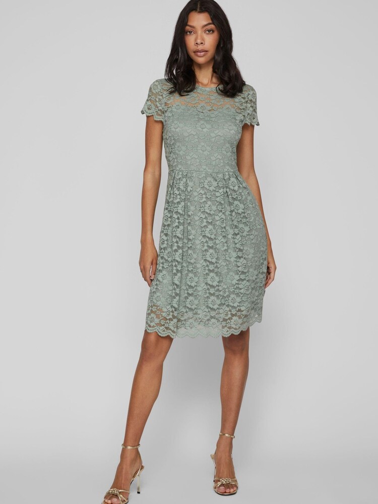 VILA Sage Green Short Sleeve Lace Pleated Occasion Dress - Image 2 of 5